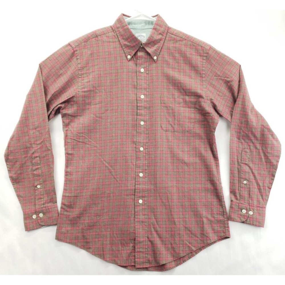 Brooks Brothers 346 Shirt Men Medium Green Pink Plaid Cotton Flip Cuffs Slim Fit